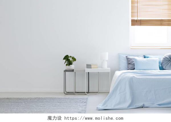 在卧室里的蓝色床旁边的植物和台灯真正的照片